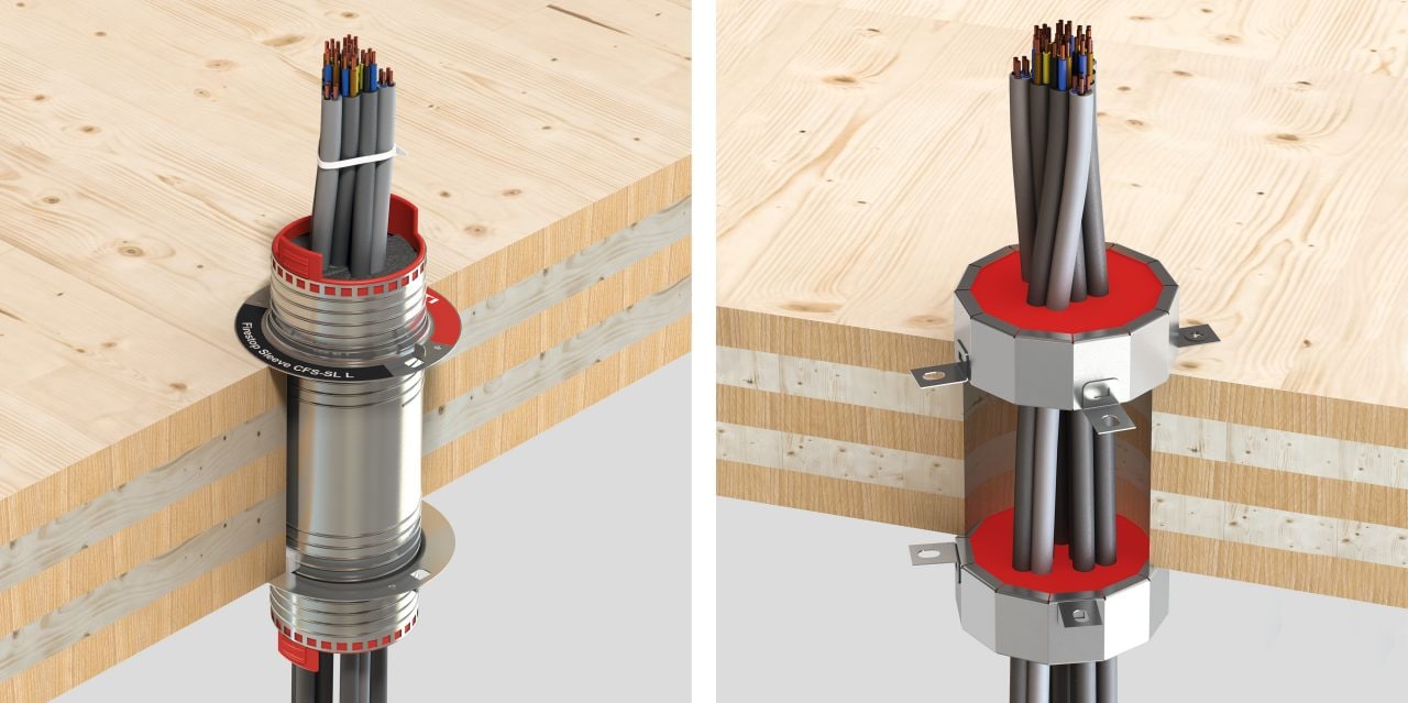 3D-gengivelse af et tværsnit af et træloft, der viser en CFS-SL Firestop-muffe og en CFS-CC Firestop-kabelkrave omkring kabler (elektriske forbindelser).