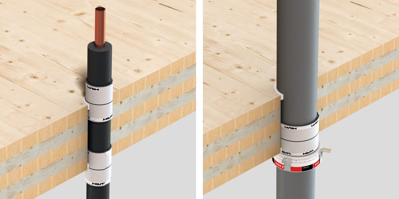 3D-gengivelse af et tværsnit af et træloft, der viser CFS-B Firestop-bandager og en CFS-C EL Firestop endeløs krave omkring metal- og plastrør (mekaniske anvendelser).