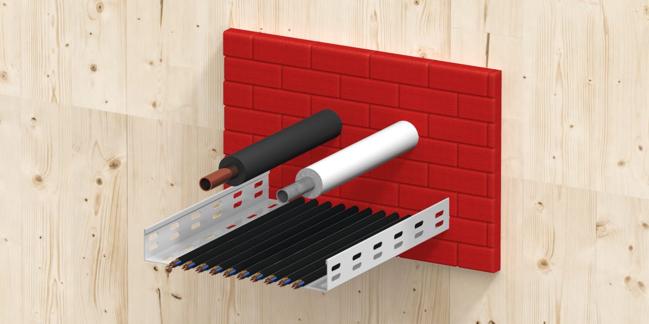 3D-gengivelse af et tværsnit af et træloft, der viser en CFS-BL P Firestop-blok omkring rør, kabler og en kabelbakke (blandede gennemføringer).
