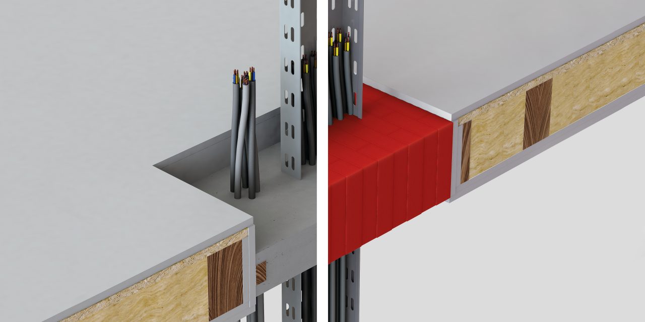 3D-gengivelse, der viser en sammenligning af en traditionel mørtelløsning (til venstre) og tørre Hilti brandsikringsblokke i rødt (til højre) gennem et trægulv.