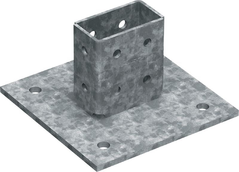MT-B-O4 OC 3D-belastet endeplade Endeplade som kan belastes i tre retninger til forankring af skinnekonstruktioner til beton eller stål, til udendørs brug med lav forurening