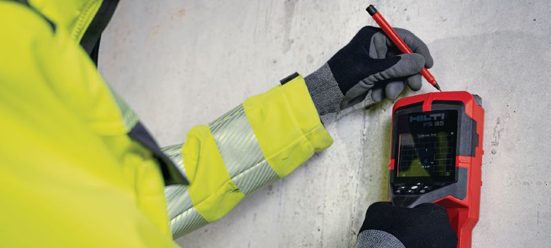 PS 85 vægscanner Brugervenlig vægscanner til lokalisering af kritiske objekter som skal undgås i forbindelsen med boring eller skæring i væg Arbejdsopgaver 1