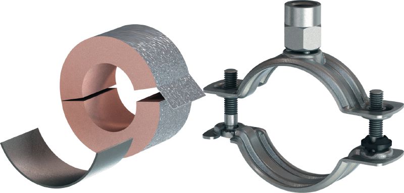 MI-CF LS Rørbøjle (30 mm) Standard galvaniseret rørbøjle med belastningsdeling til køleopgaver med 30 mm isolering.Med bøjlen kan kravene til varmerør i DS 452, 3. udgave, ”Termisk isolering af tekniske installationer overholdes.