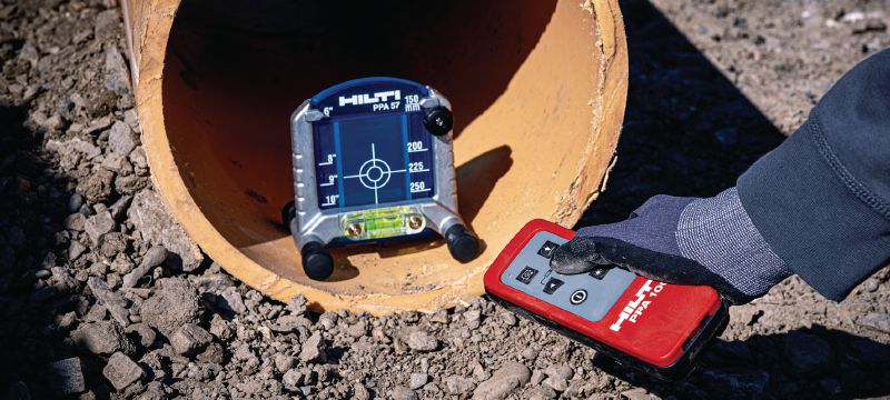 PP 100 rørlaser Rørlaser med automatisk justeringsfunktion, grøn stråle og fjernbetjening giver hurtigere og mere nøjagtig nivellering og justering af rør Arbejdsopgaver 1