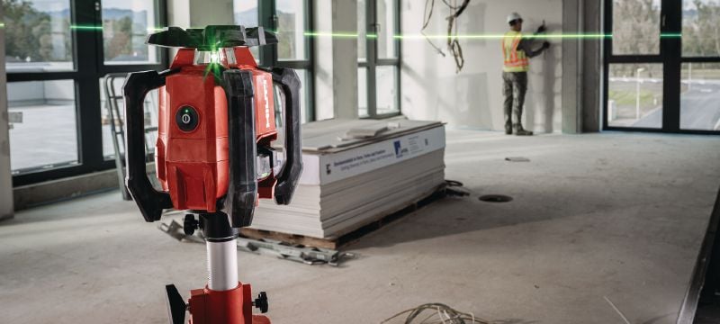 PR 40G-22 Indendørs rotationslaser med grøn laserstråle Robust indendørs rotationslaser med meget synligt grønt lys og automatiske funktioner til nivellering, opmåling, hældning og kvadrering (Nuron-platform) Arbejdsopgaver 1