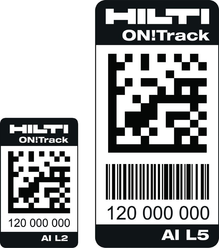 Passive ON!Track-tags AI L2 / AI L5 Robuste selvklæbende ON!Track-tags med 1D- og 2D-stregkoder, udviklet til at modstå forholdene i byggebranchen