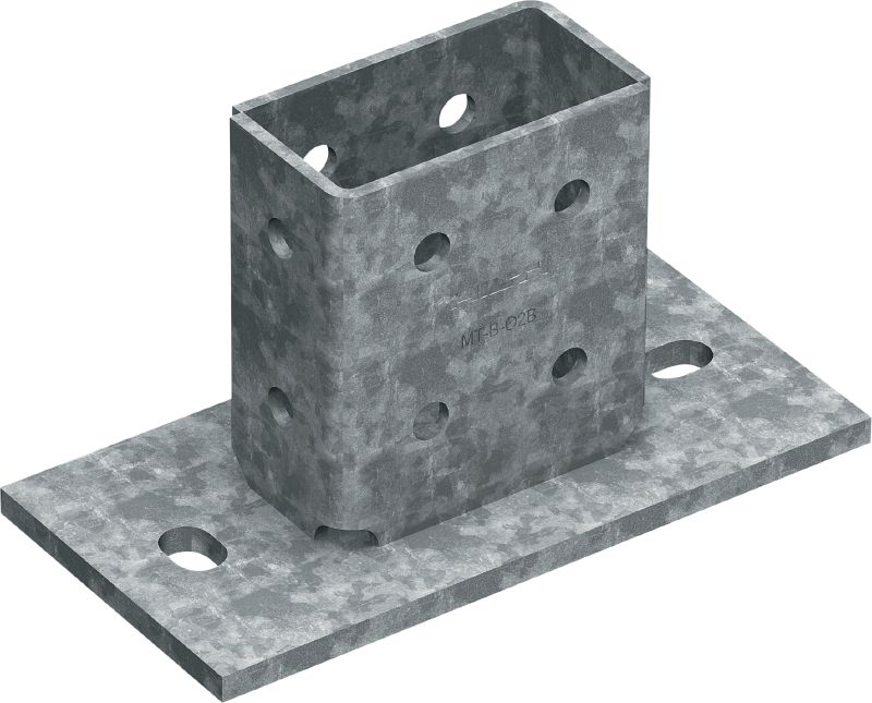 MT-B-O2B OC 3D-belastet endeplade Endeplade som kan belastes i tre retninger til forankring af skinnekonstruktioner til beton eller stål, til udendørs brug med lav forurening