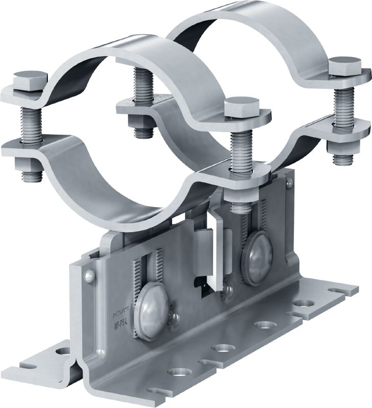 MP-PS 2-2 rørsko Justerbare dobbeltrørssko med udendørs belægning til fastgørelse af rørdiameter på 21-328 mm (1/2 til 12) til forskellige grundmaterialer i moderat korrosive miljøer