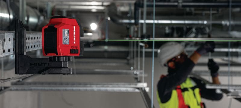 PM 2-LG Linjelaser med grøn laserstråle Grøn linjelaser med 2 meget synlige stråler til nivellering og opmåling Arbejdsopgaver 1