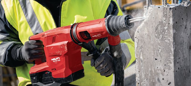 TE 60-22 batteridrevet borehammer TE 60-22 batteridrevet SDS Max (TE-Y) borehammer med Aktiv vibrationsreduktion og Aktiv momentstyring til robust boring og mejsling i beton (Nuron-batteriplatform) Arbejdsopgaver 1