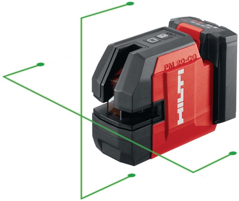 PM 20-CG 12 V lodret og krydslinjelaser Kombilaser med grøn stråle med 2 linjer og 4 punkter til VVS, nivellering, tilpasning og kvadrering (12 V batteriplatform)