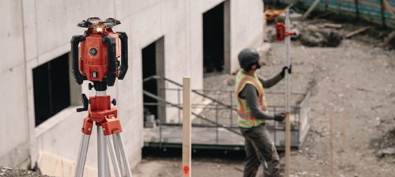 PR 400-22 Dobbelt hældning rotationslaserniveau Robust udendørs rotationslaser med automatiske funktioner til langdistance-opmåling, kvadrering, og dobbelthældning (Nuron-batteriplatform) Arbejdsopgaver 1