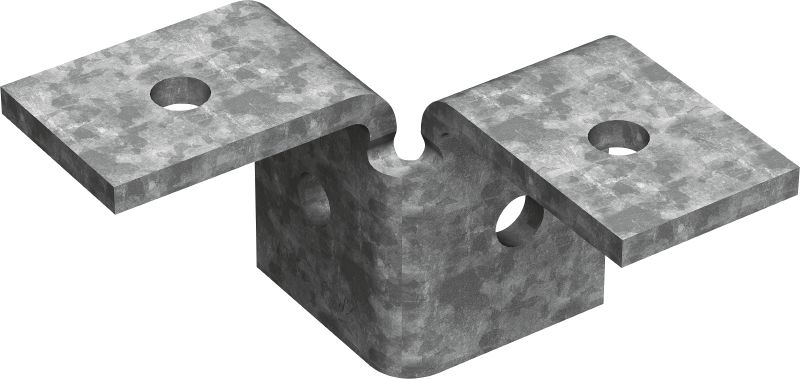 MT-C-T 3D/2 OC Vinkelbeslag Dobbelt vinkelbeslag til forbindelse af tre montageskinner i en 3D-struktur, til udendørs brug med lav forurening